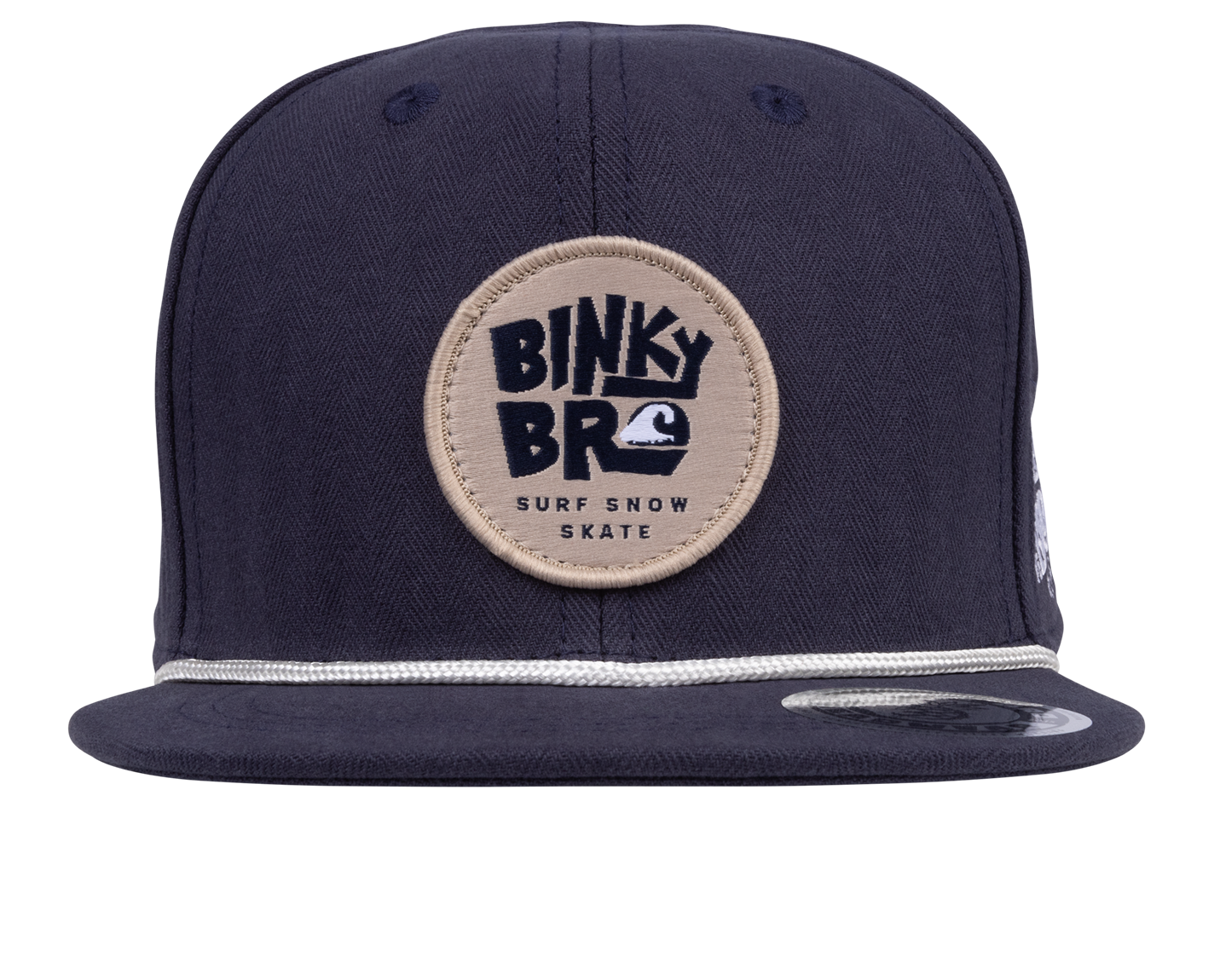 Stylish navy snapback hat featuring a circular BinkyBro logo patch, designed for kids with a surf and skate vibe.