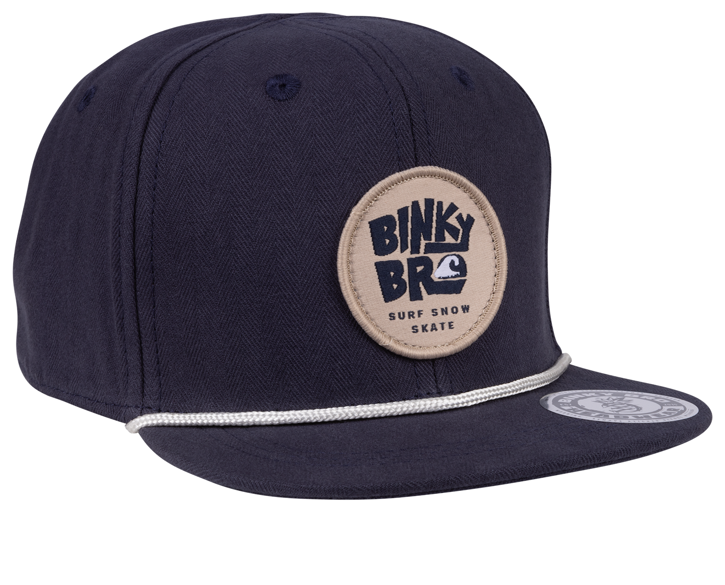 Navy Shreddy Snapback hat with a round logo patch and a white rope detail, designed for kids' surf and skate style.