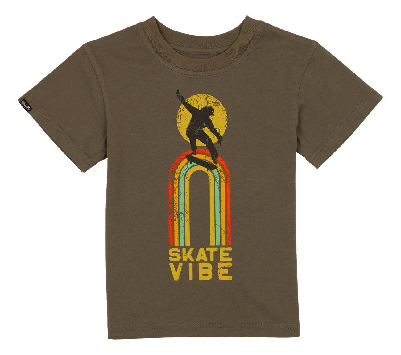 Brown t-shirt featuring a colorful graphic of a skateboarder with the text "SKATE VIBE" beneath a sun design.