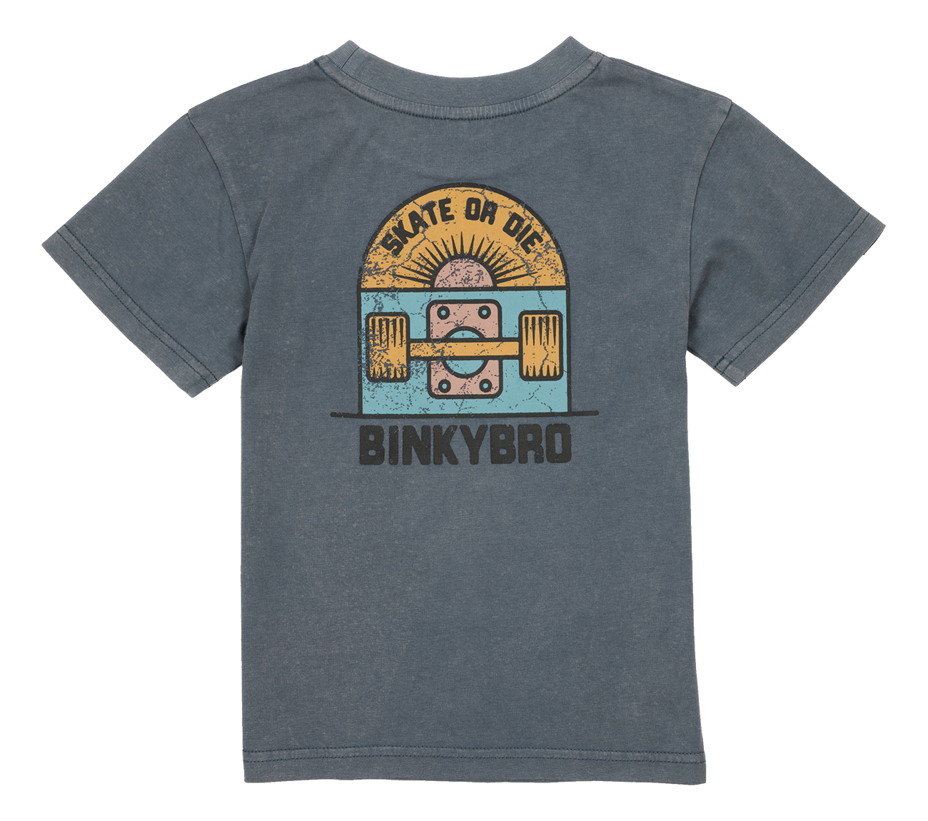 Back view of a blue t-shirt featuring a retro skateboard graphic with the text "Skate or Die" and the BinkyBro logo.