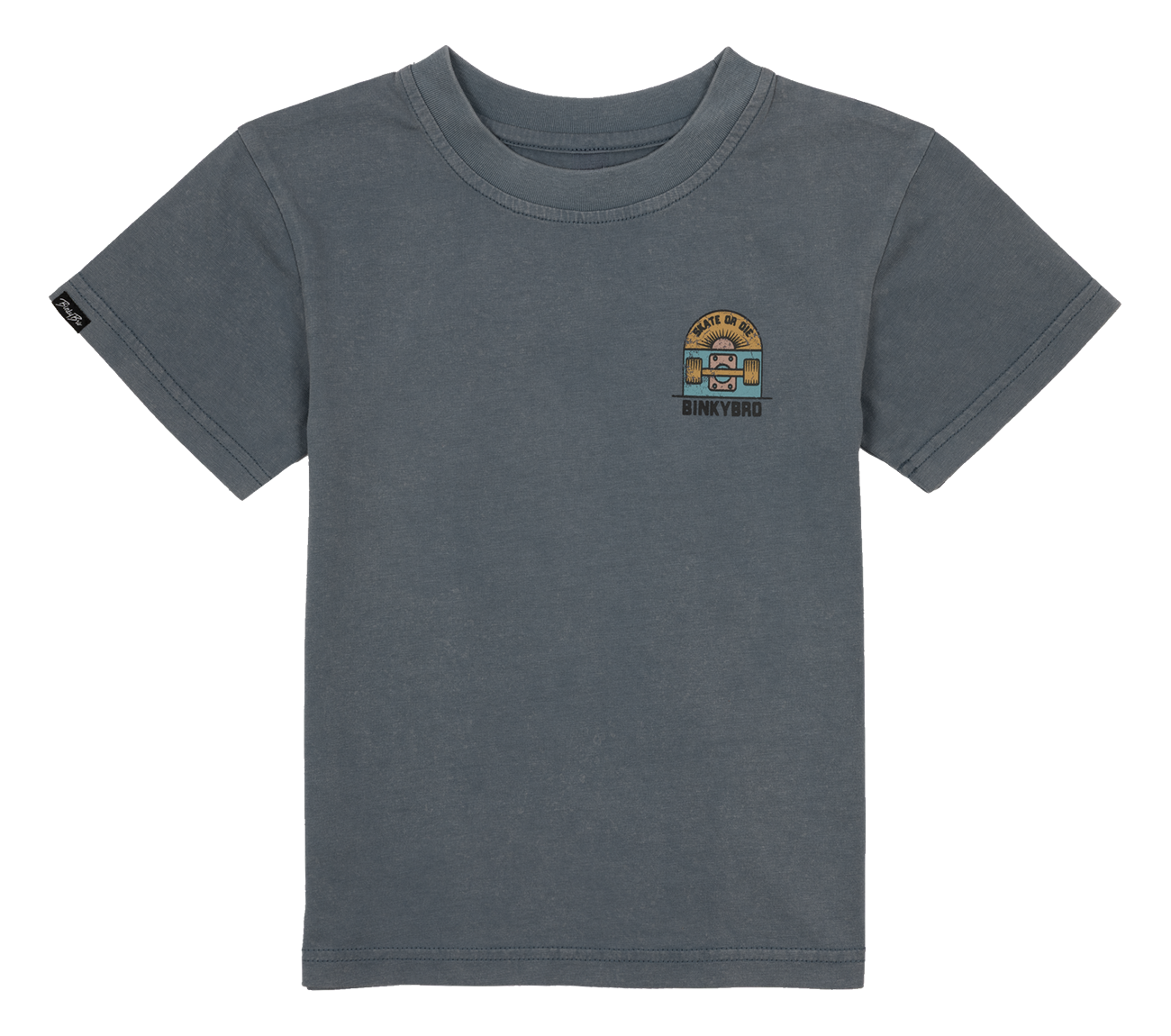 Gray t-shirt featuring a colorful "Skate or Die" graphic on the chest, designed for kids with a skate lifestyle theme.