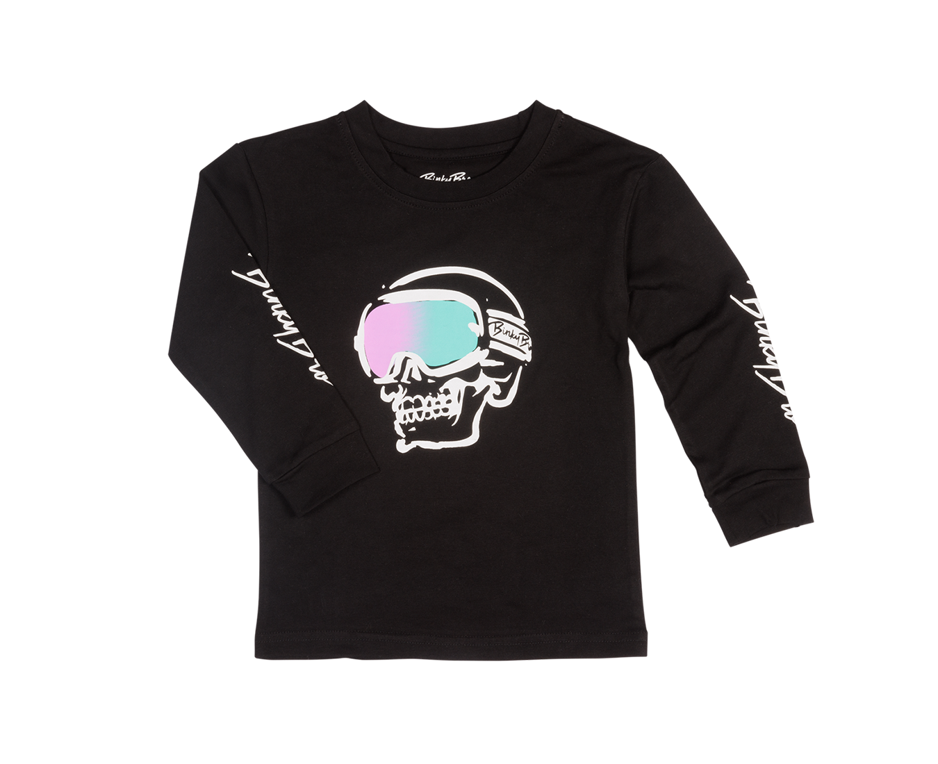 Black long sleeve shirt featuring a skull graphic with reflective sunglasses and stylish text on the sleeves.