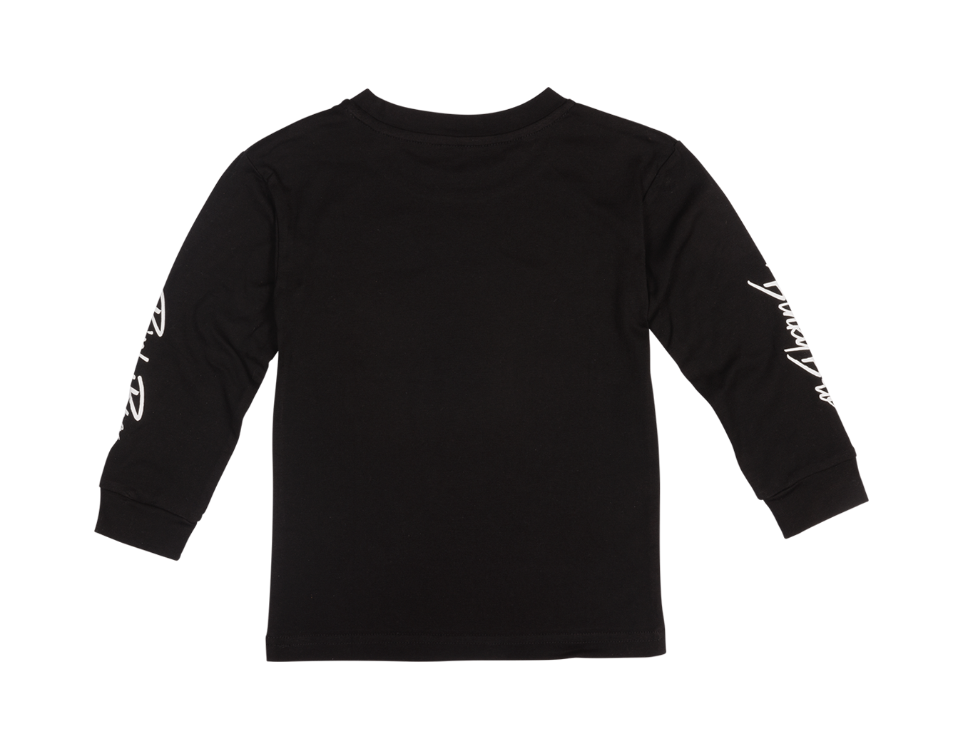 Black long sleeve shirt featuring stylish white text on the sleeves, designed for infants and toddlers.