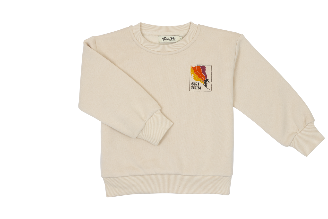 Cream-colored sweatshirt featuring a vibrant "Ski Bum" graphic, perfect for stylish winter wear for kids.