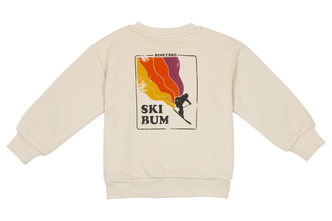 Cream-colored sweatshirt featuring a retro-style graphic of a skier and the text "SKI BUM" on the back, perfect for young adventurers.