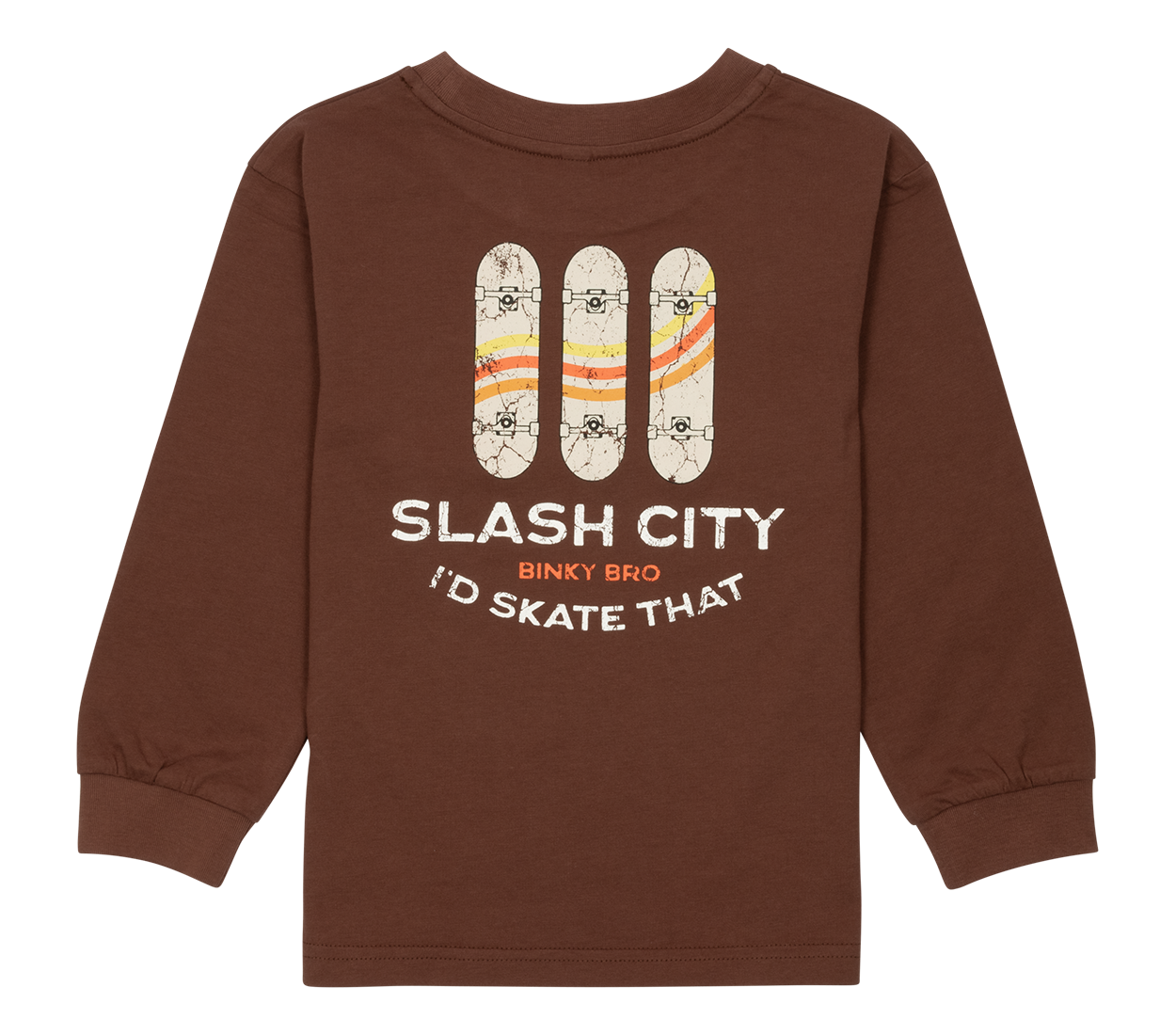 Brown long-sleeve shirt featuring a graphic of skateboards and the text "Slash City" for kids. Perfect for young skaters.