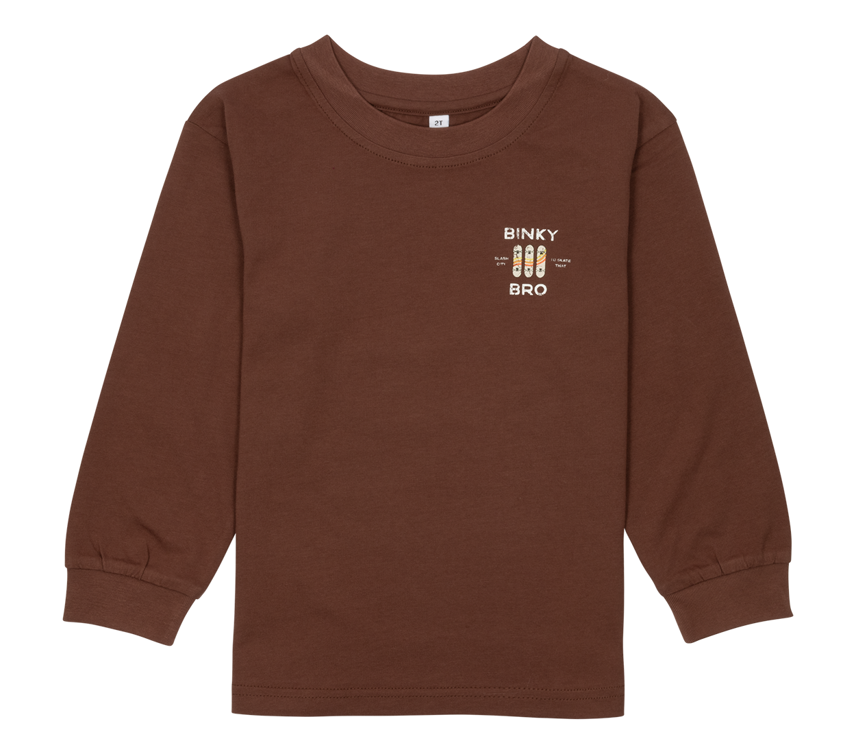 Brown long-sleeve shirt for kids featuring a stylish graphic design on the chest, perfect for a surf-snow-skate lifestyle.