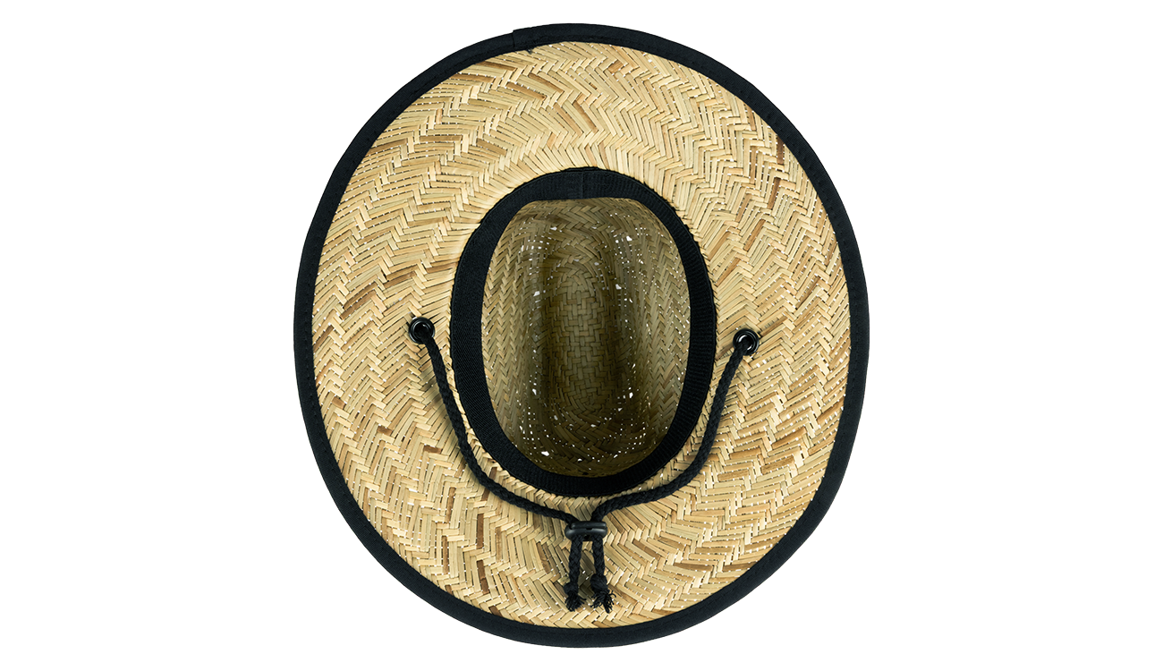 Stylish straw sun hat with a black trim and adjustable chin strap, perfect for infants and toddlers.