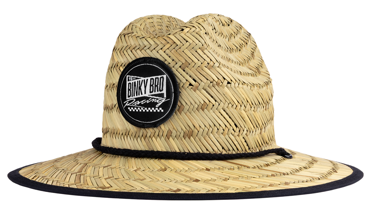 Stylish straw sun hat with a wide brim and Binky Bro Racing patch, perfect for kids' outdoor adventures.