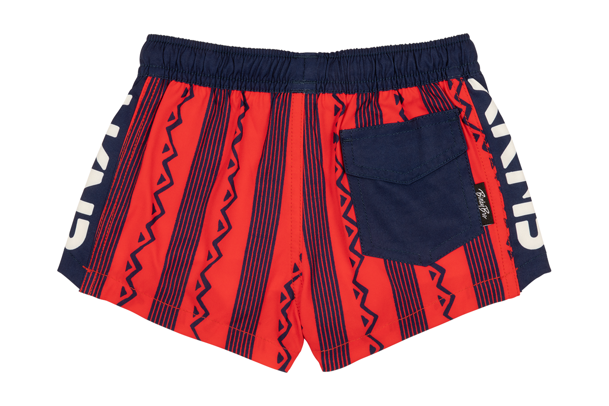 Stylish crimson swim shorts featuring a bold striped pattern and a navy pocket, perfect for active kids.