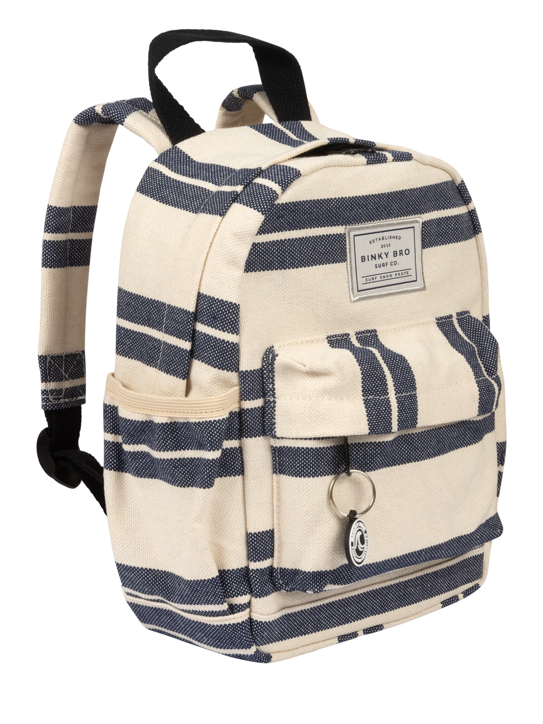 Navy striped canvas backpack with adjustable straps and front pocket, designed for kids' stylish everyday use.