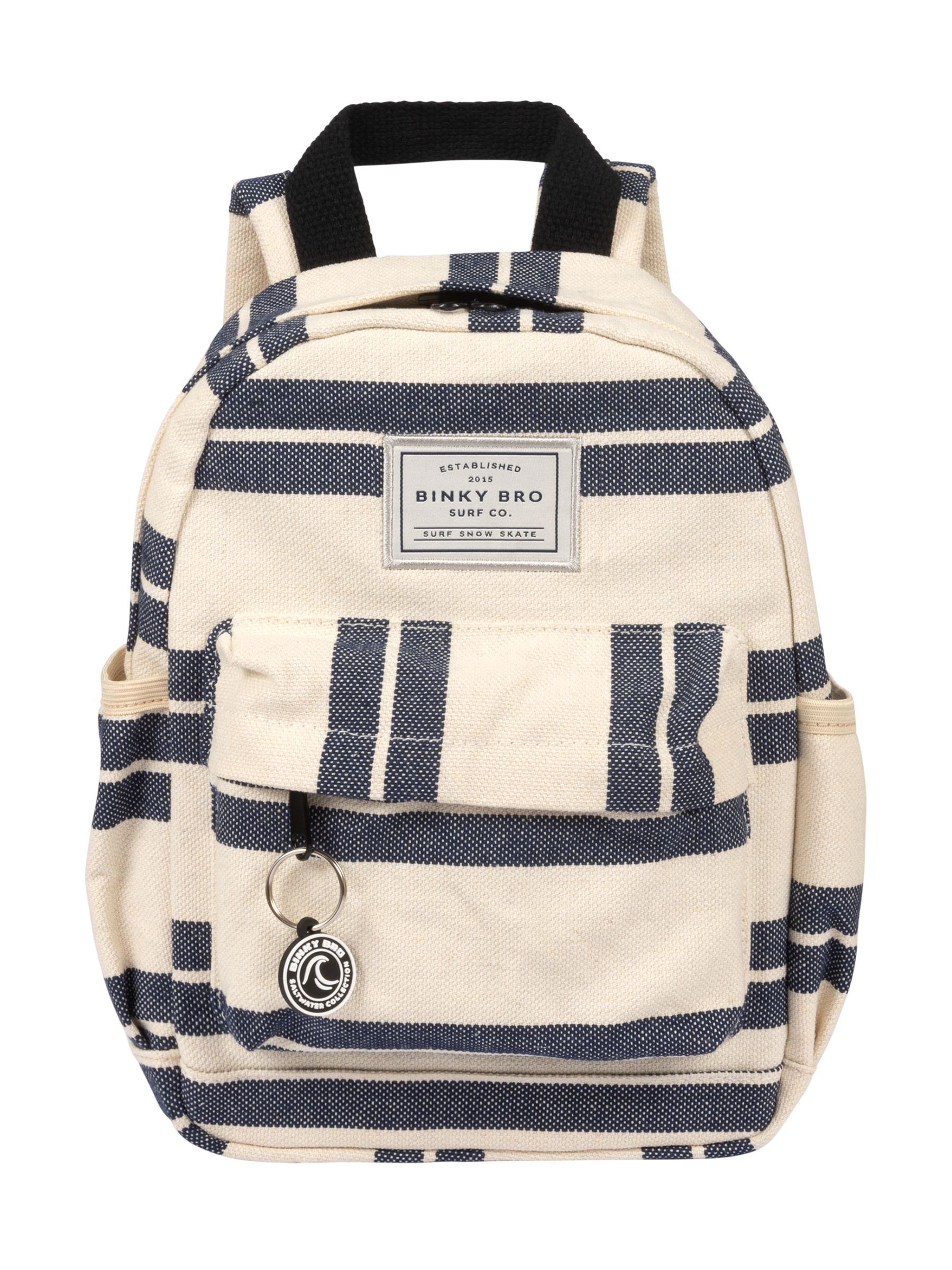 Navy striped canvas backpack with a front pocket and logo tag, designed for kids' stylish everyday use.