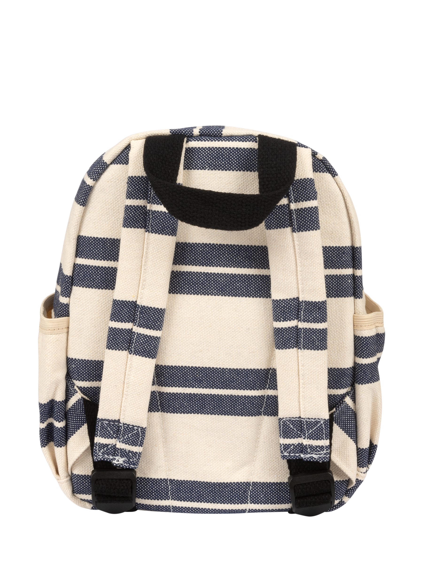 Navy striped canvas backpack with adjustable straps and side pockets, perfect for kids' everyday adventures.