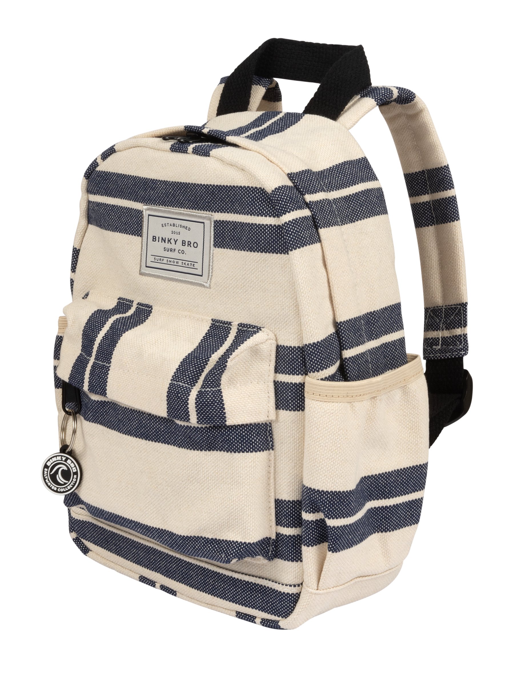 Navy striped canvas backpack with a front pocket and adjustable straps, ideal for kids' adventures and daily use.