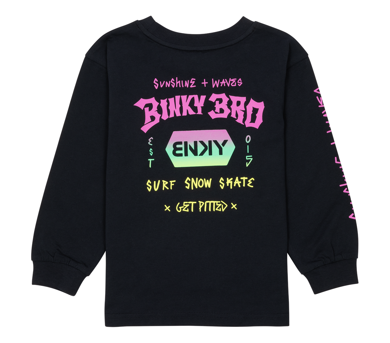 Black long-sleeve shirt featuring vibrant graphics with "Binky Bro," surf-snow-skate themes, and playful text elements.