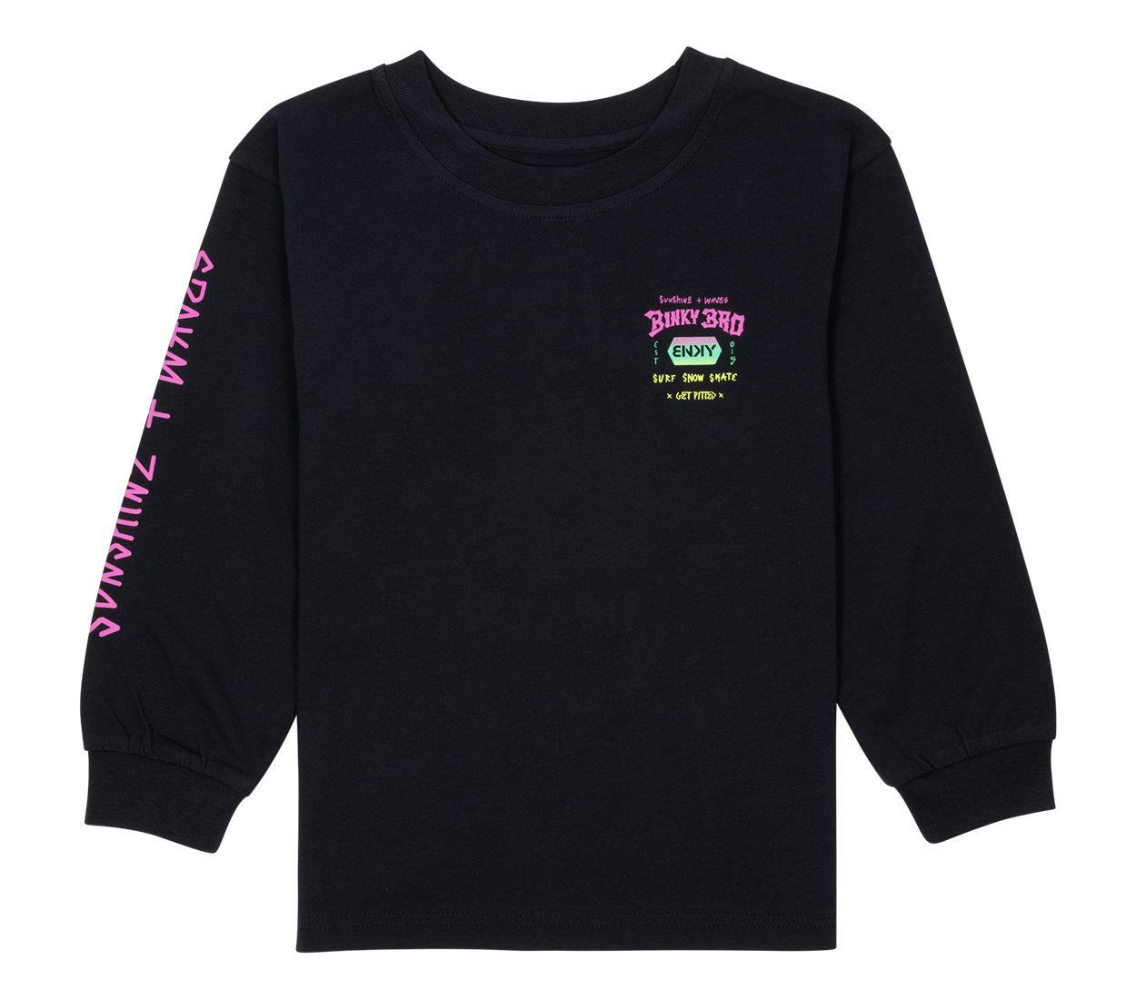 Black long-sleeve shirt featuring colorful graphic text on the front and sleeve, designed for kids' active wear.