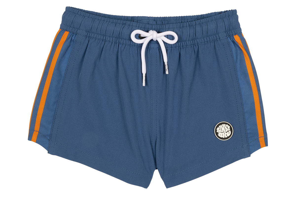Blue swim shorts with orange stripes and a white drawstring, featuring a BinkyBro logo on the front. Perfect for summer fun.