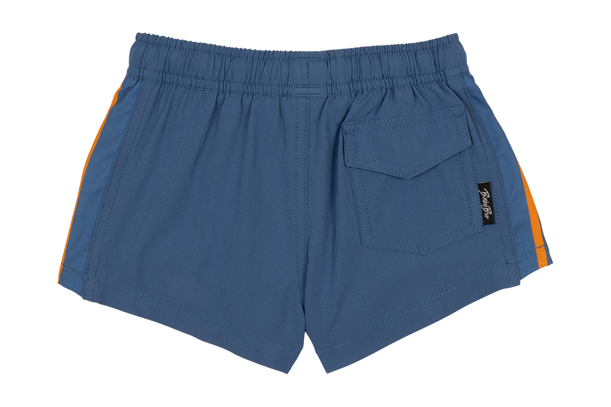 Blue summer shorts for kids featuring an elastic waistband and a back pocket, perfect for warm weather adventures.