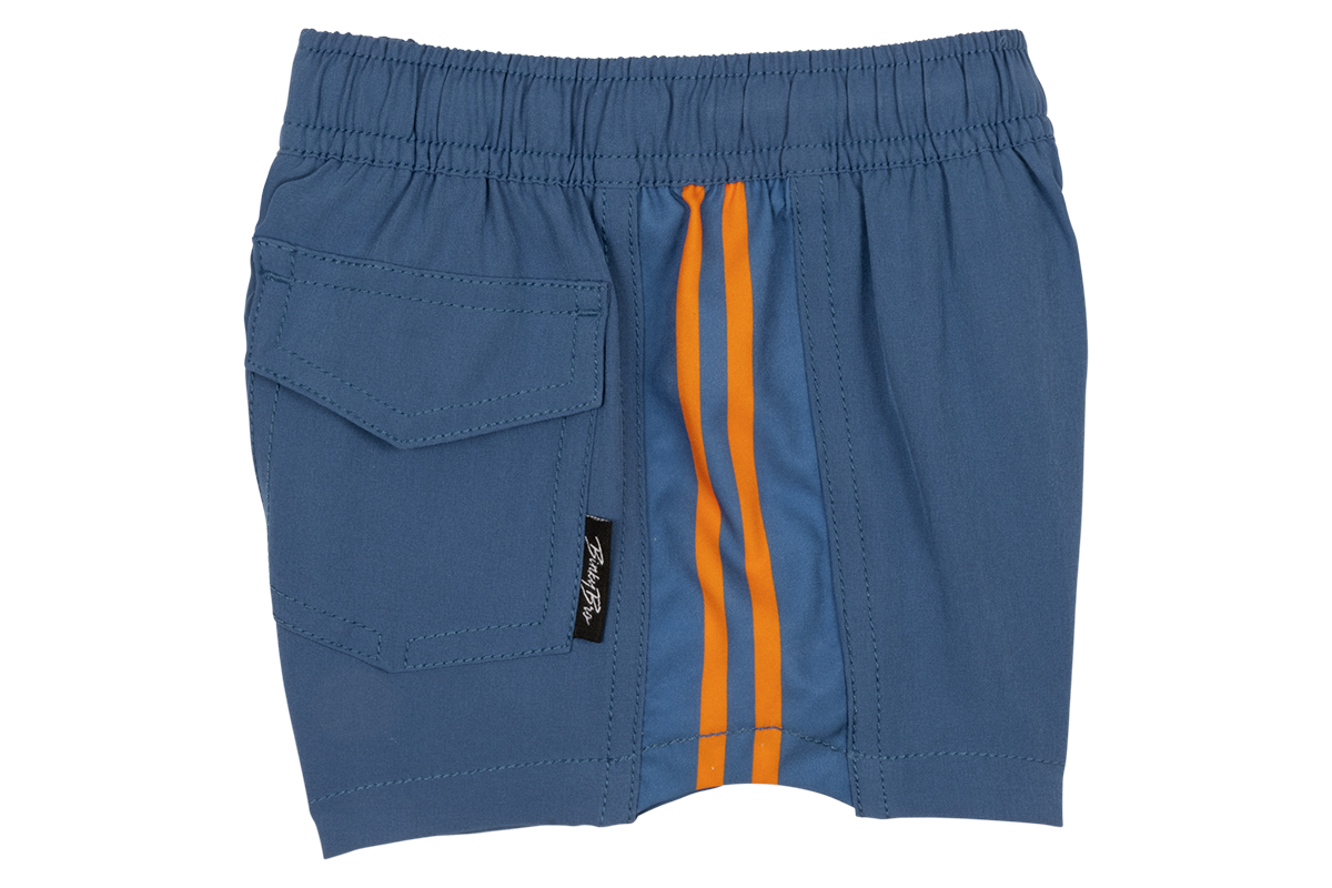 Stylish blue swim shorts for kids featuring orange drawstrings and a side pocket, perfect for summer adventures.