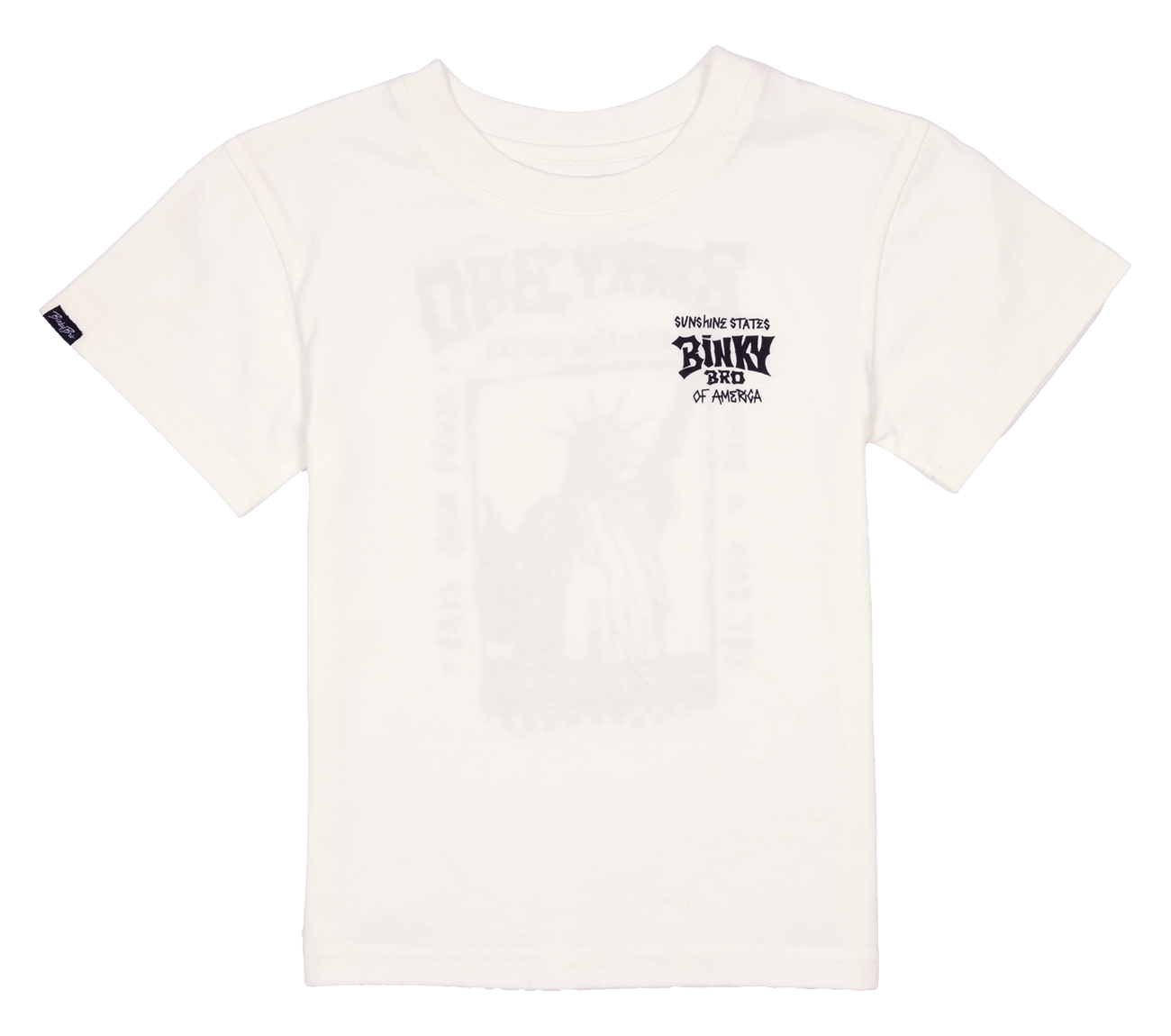 White t-shirt featuring a faded graphic of the Statue of Liberty and the text "Sunshine State Binky Born of America.