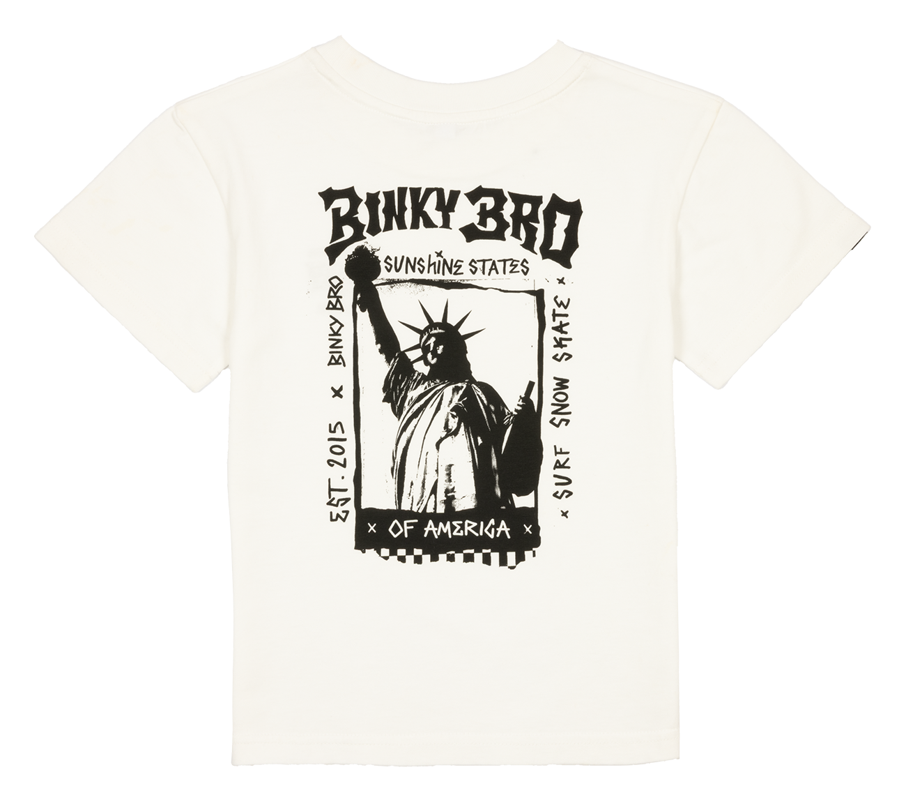 White t-shirt featuring a graphic of the Statue of Liberty with "BinkyBro Sunshine States" text, promoting a surf-snow-skate lifestyle.