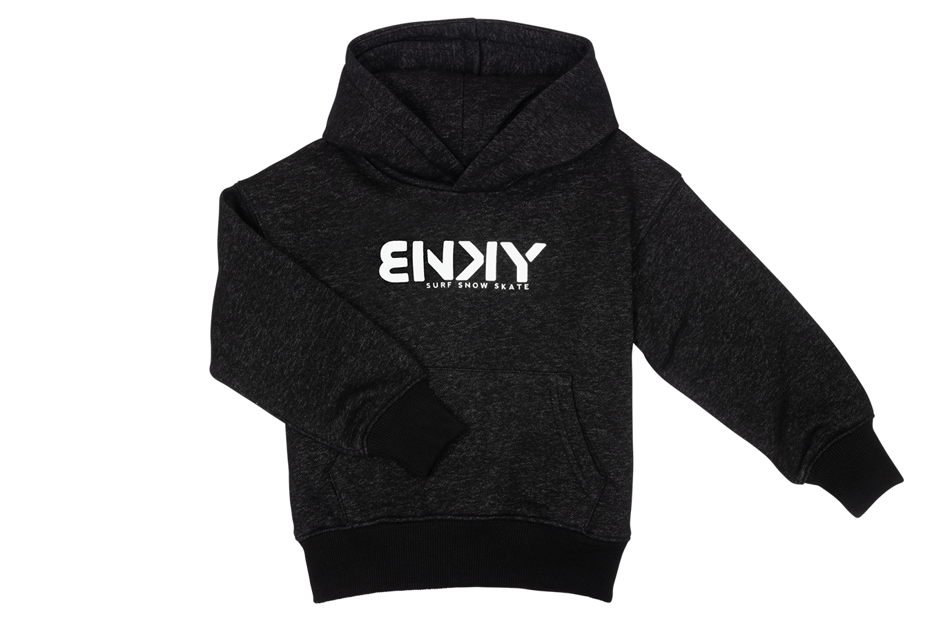 Stylish black hoodie for kids featuring a bold white logo, perfect for surf, snow, and skate adventures.