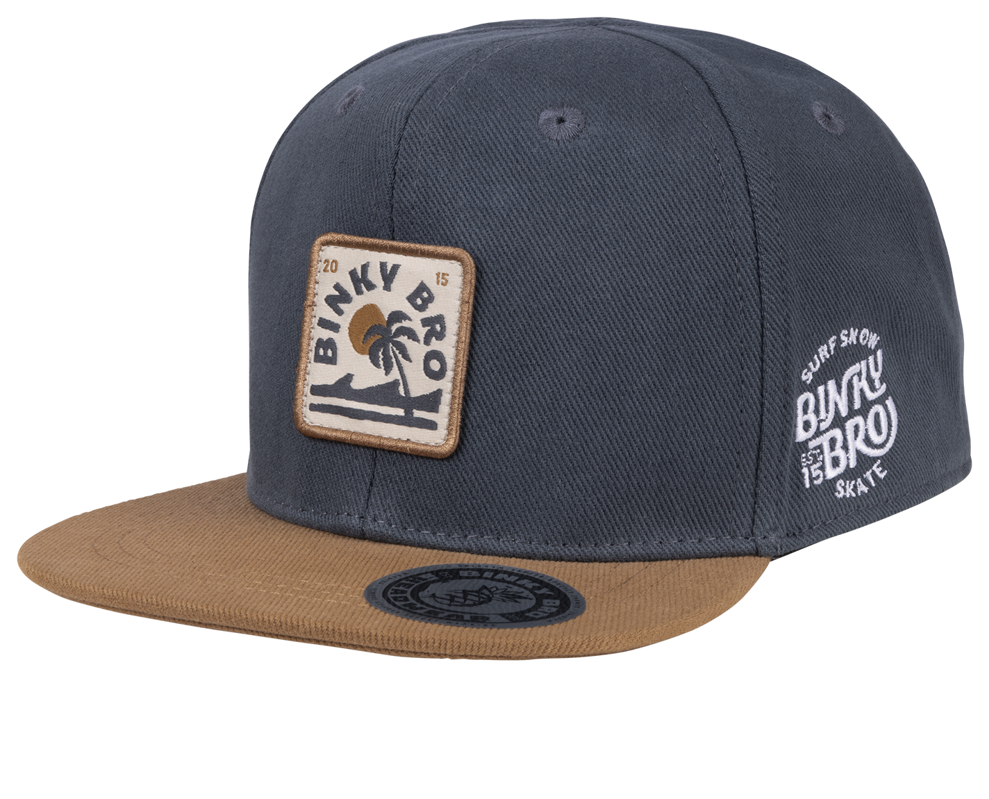 Stylish navy snapback hat with a tan brim, featuring a palm tree logo and BinkyBro branding, perfect for kids.