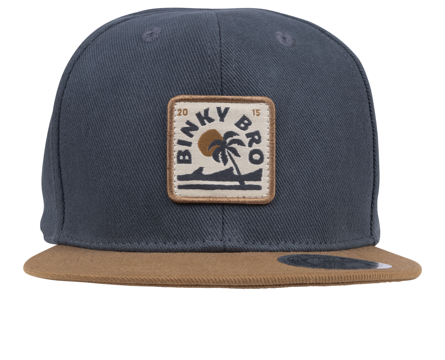 Stylish navy snapback hat with a brown brim and BinkyBro logo featuring a palm tree and sunset. Perfect for kids.
