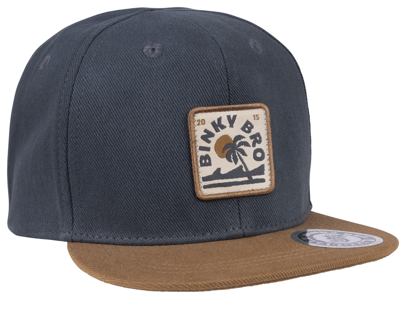 Stylish navy snapback hat with a brown brim and a BinkyBro logo patch featuring a palm tree design.