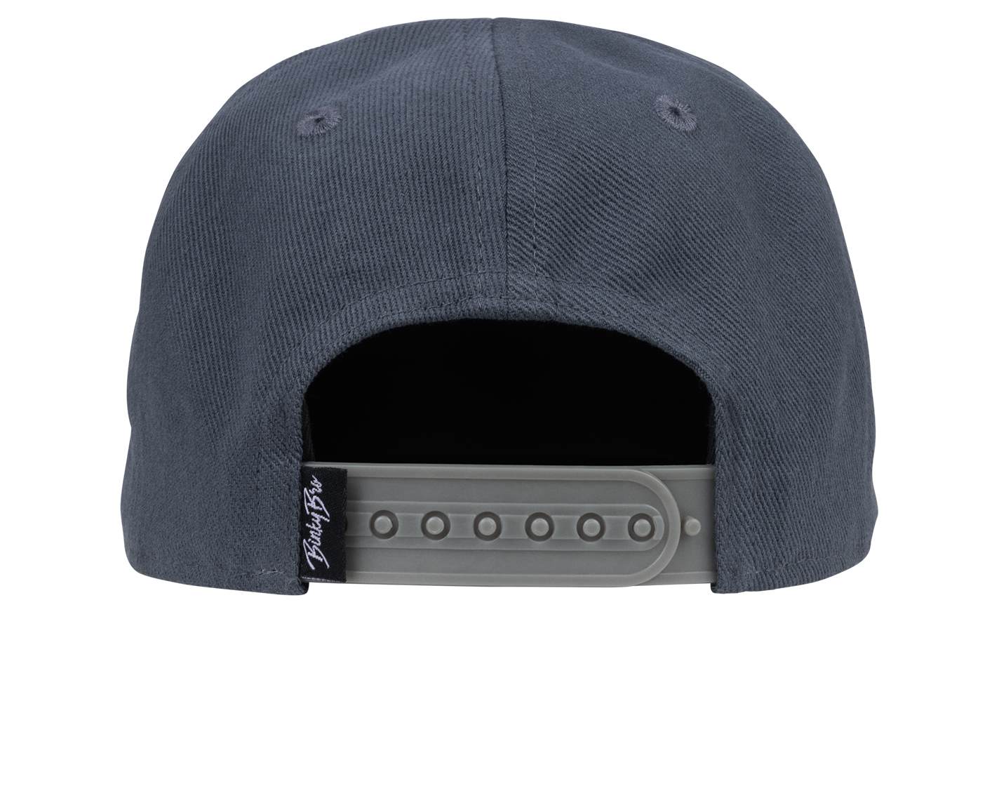 Back view of a stylish navy snapback hat featuring a plastic adjustable strap and a branded tag, perfect for kids.