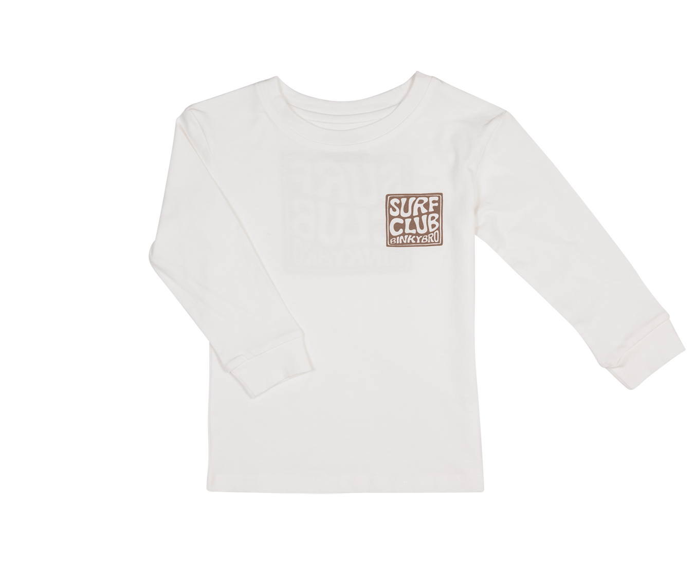 White long sleeve shirt featuring a retro-style "Surf Club" graphic on the front, perfect for young surf enthusiasts.