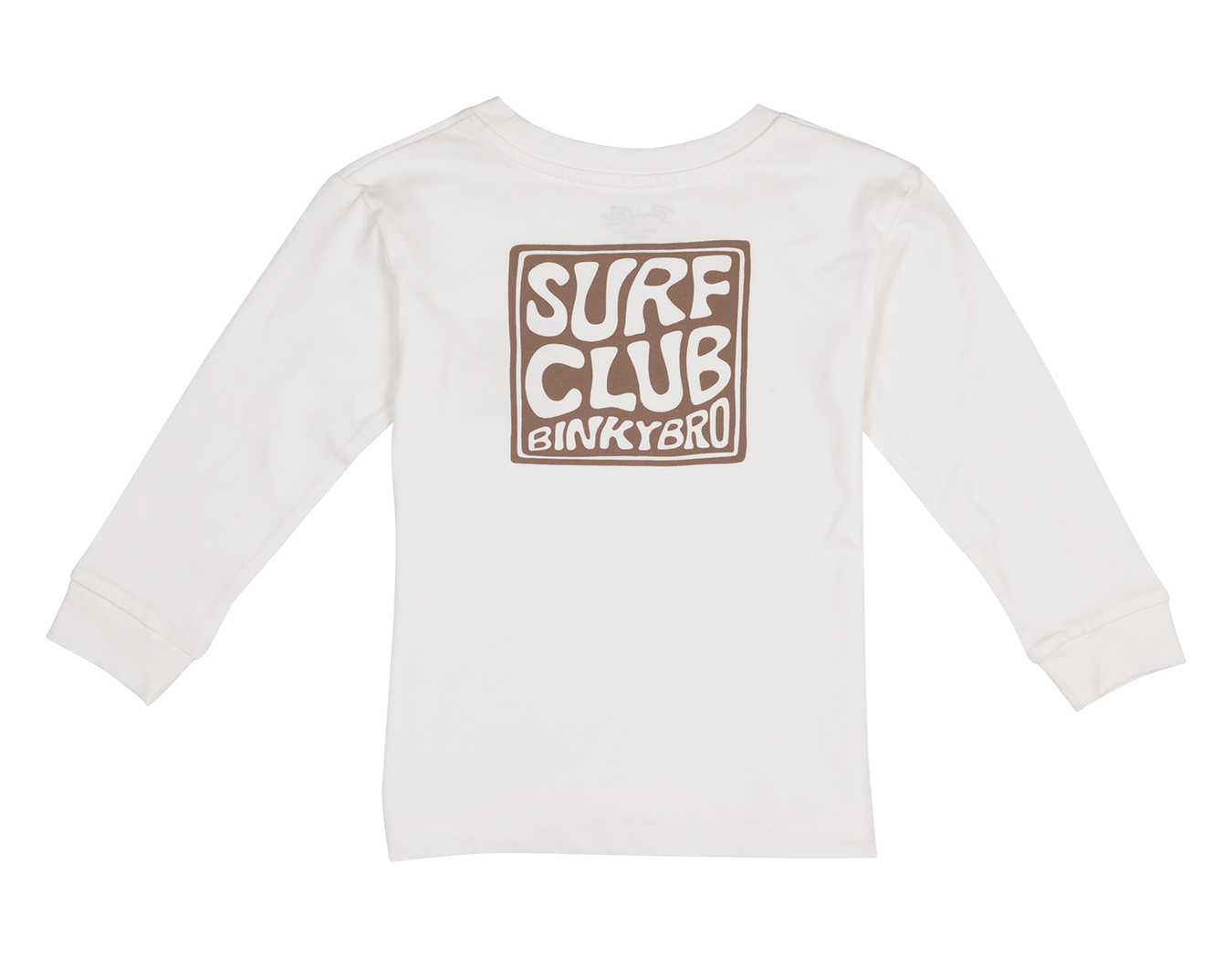Long sleeve white shirt featuring a retro-style brown "Surf Club BinkyBro" graphic on the back. Ideal for kids.