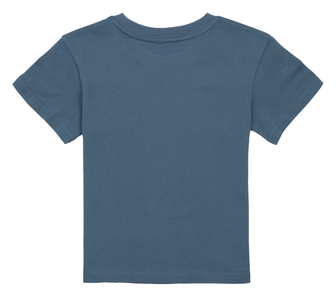 Back view of a blue t-shirt designed for kids, featuring a simple and stylish cut for a casual surf-inspired look.