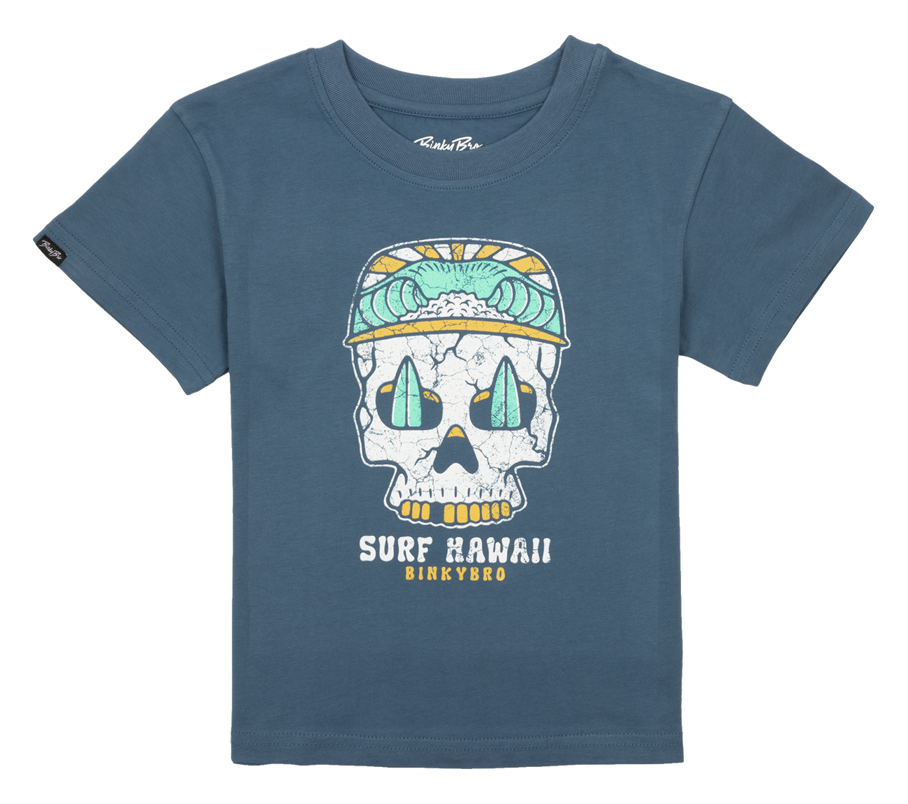 Blue toddler t-shirt featuring a colorful skull graphic with a surfboard and tropical elements, designed for a stylish beach vibe.