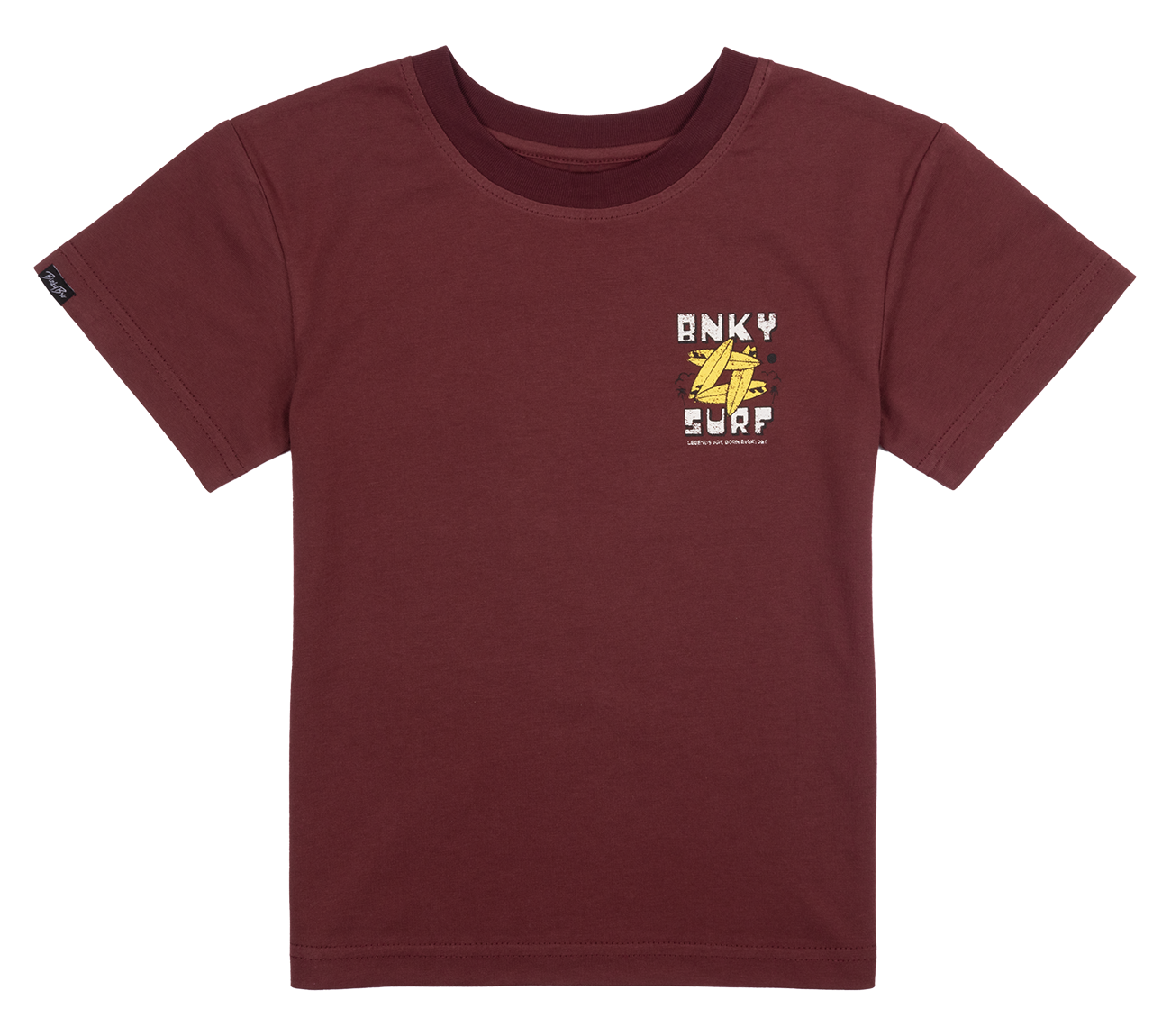 Maroon kids' t-shirt featuring a surf-themed graphic, perfect for active infants and toddlers. Stylish and comfortable.