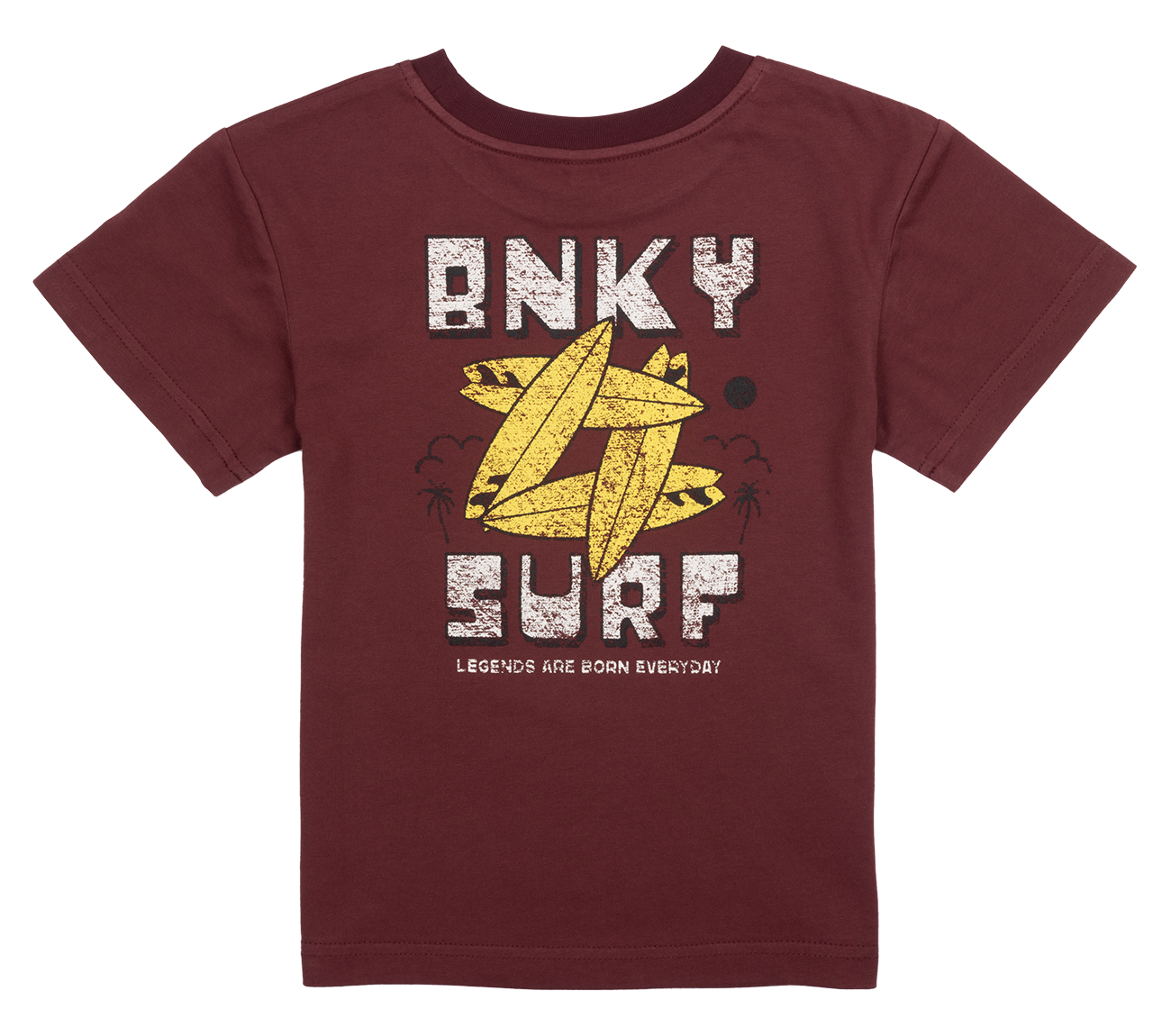 Maroon kids' t-shirt featuring a bold graphic with "Binky Surf" and a star design, perfect for young surf enthusiasts.