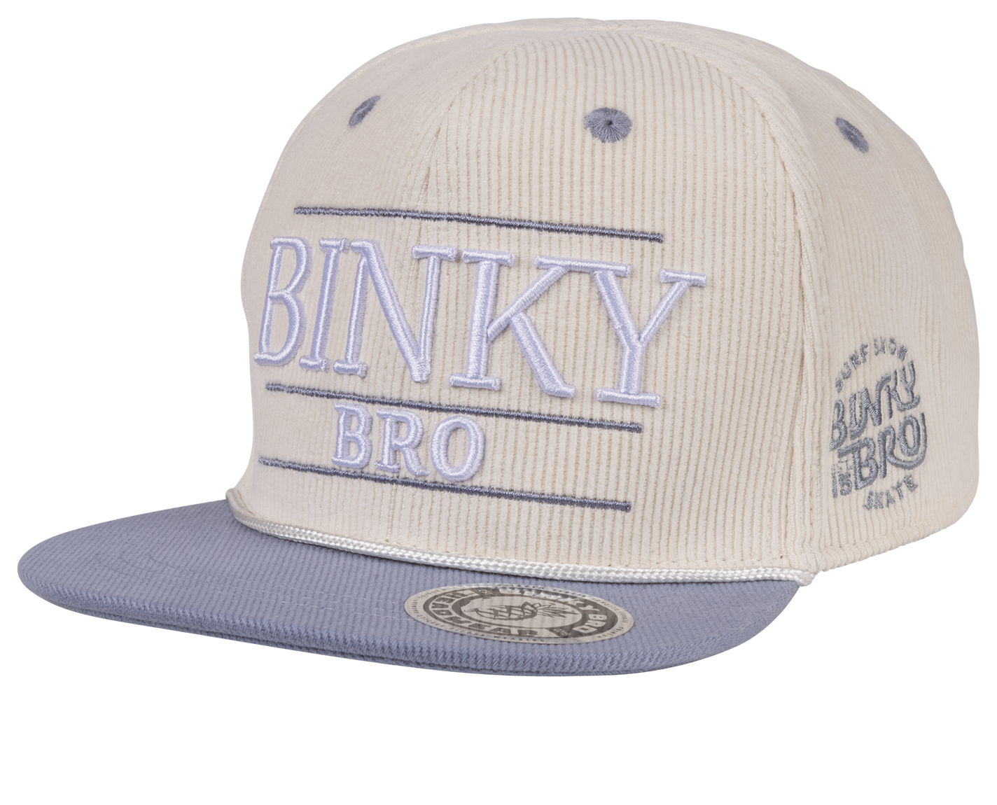 Stylish beige corduroy snapback hat with blue brim and embroidered BinkyBro logo, perfect for kids' surf-snow-skate lifestyle.