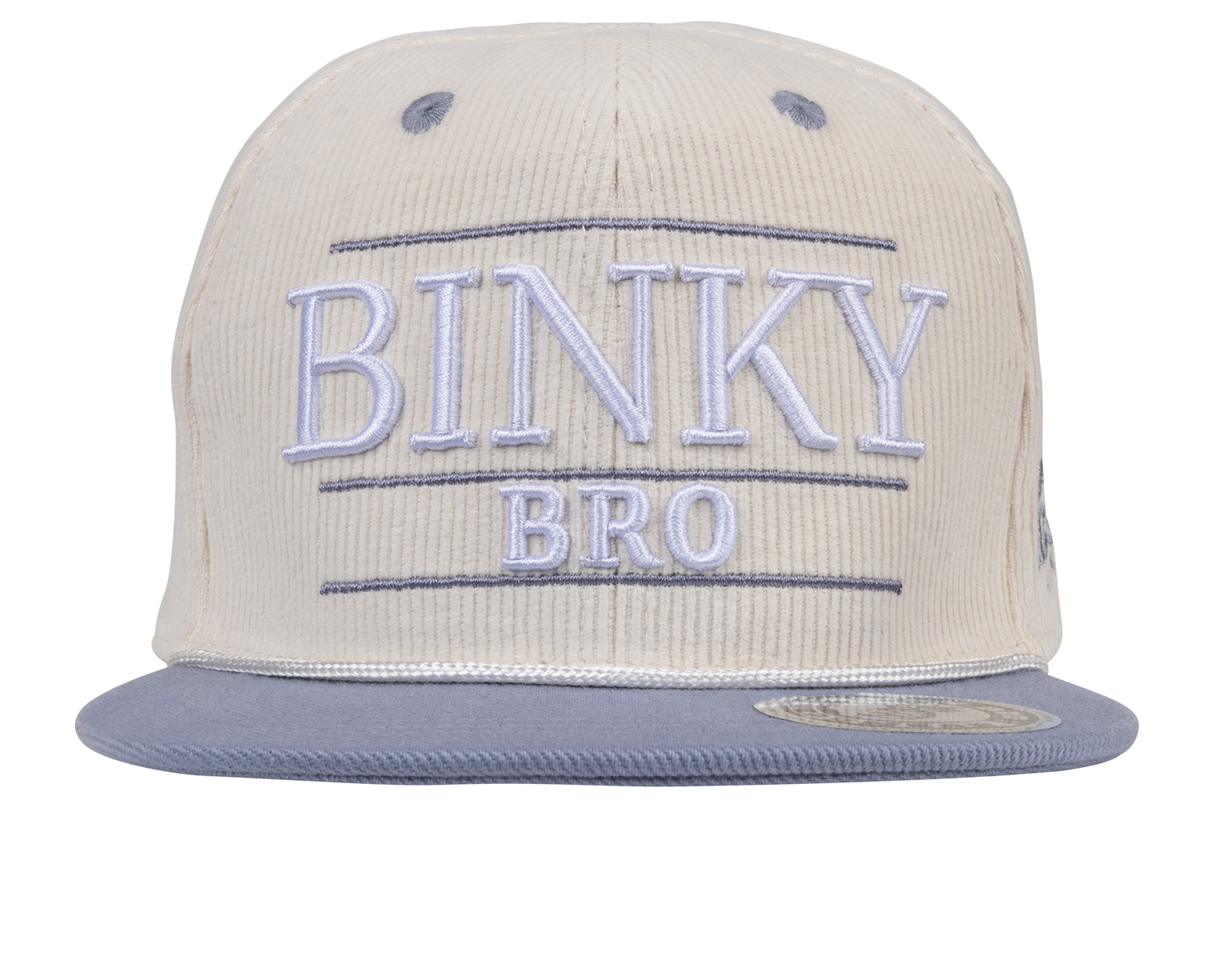 Stylish beige snapback hat with "BINKY BRO" embroidered in white and gray, perfect for kids' surf-snow-skate lifestyle.
