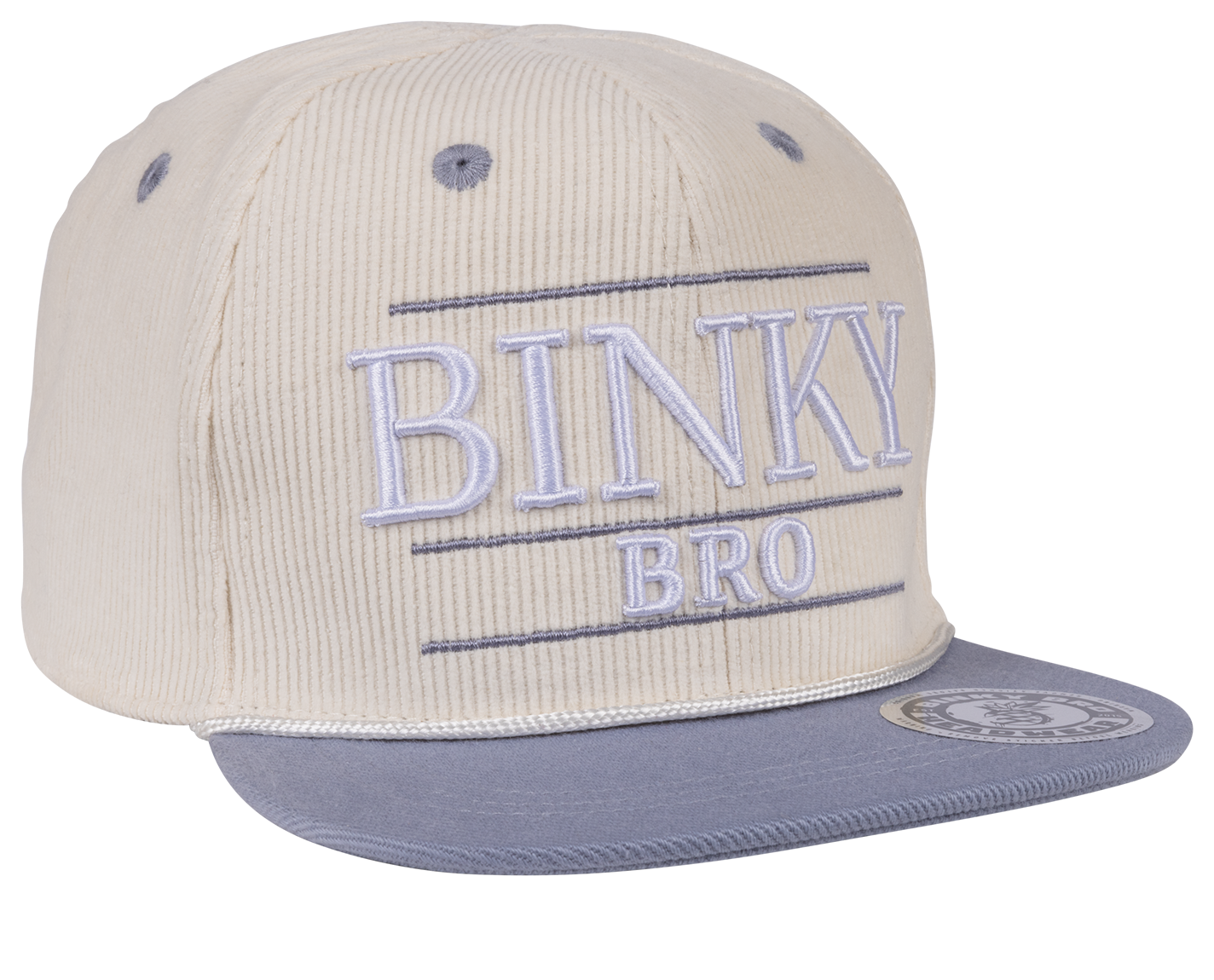 Stylish BinkyBro Surge snapback hat in cream corduroy with gray brim and embroidered logo, perfect for kids.