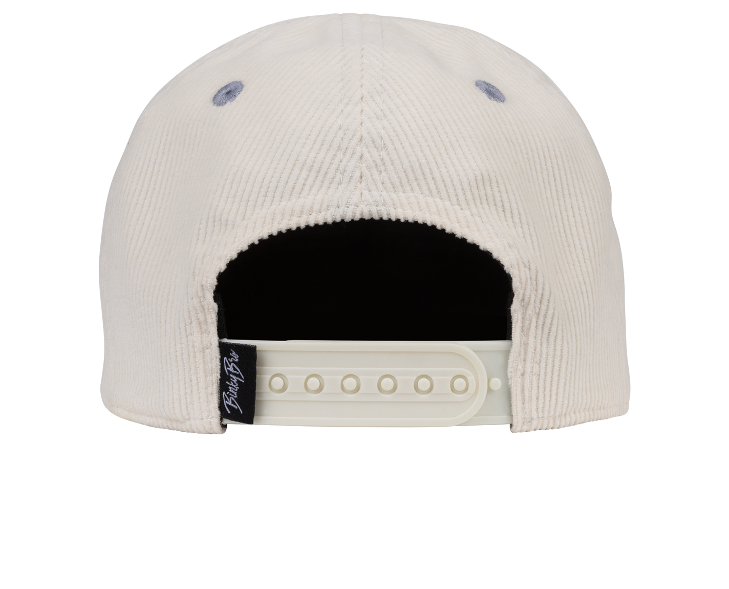Back view of a cream-colored corduroy snapback hat featuring a plastic adjustable strap and a subtle logo tag.