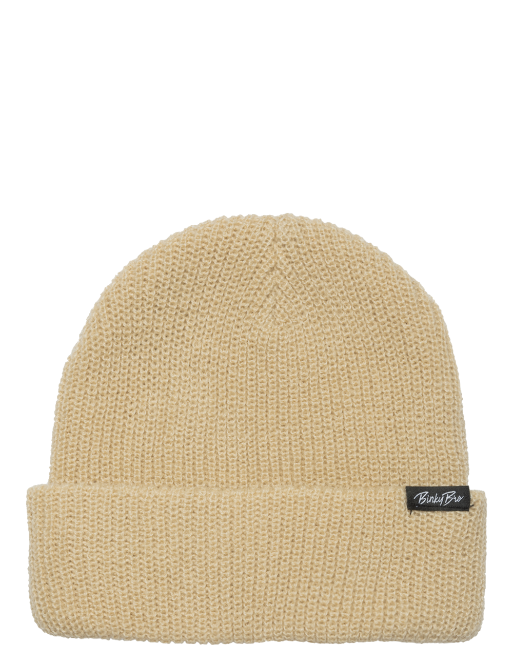 Beige knit beanie hat with a folded cuff and a small BinkyBro logo tag, perfect for stylish infants and toddlers.