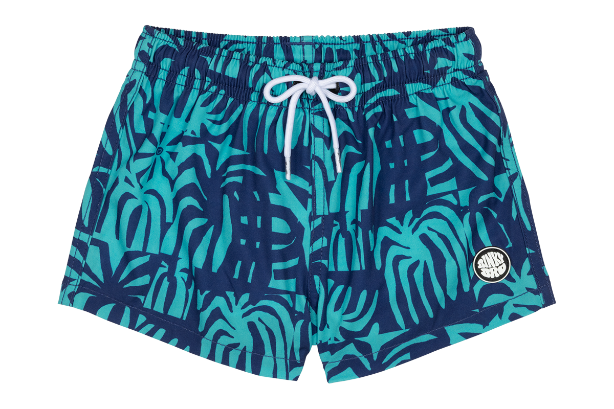 Stylish Tahitian swim shorts featuring a vibrant blue and green palm leaf pattern, perfect for kids' summer adventures.