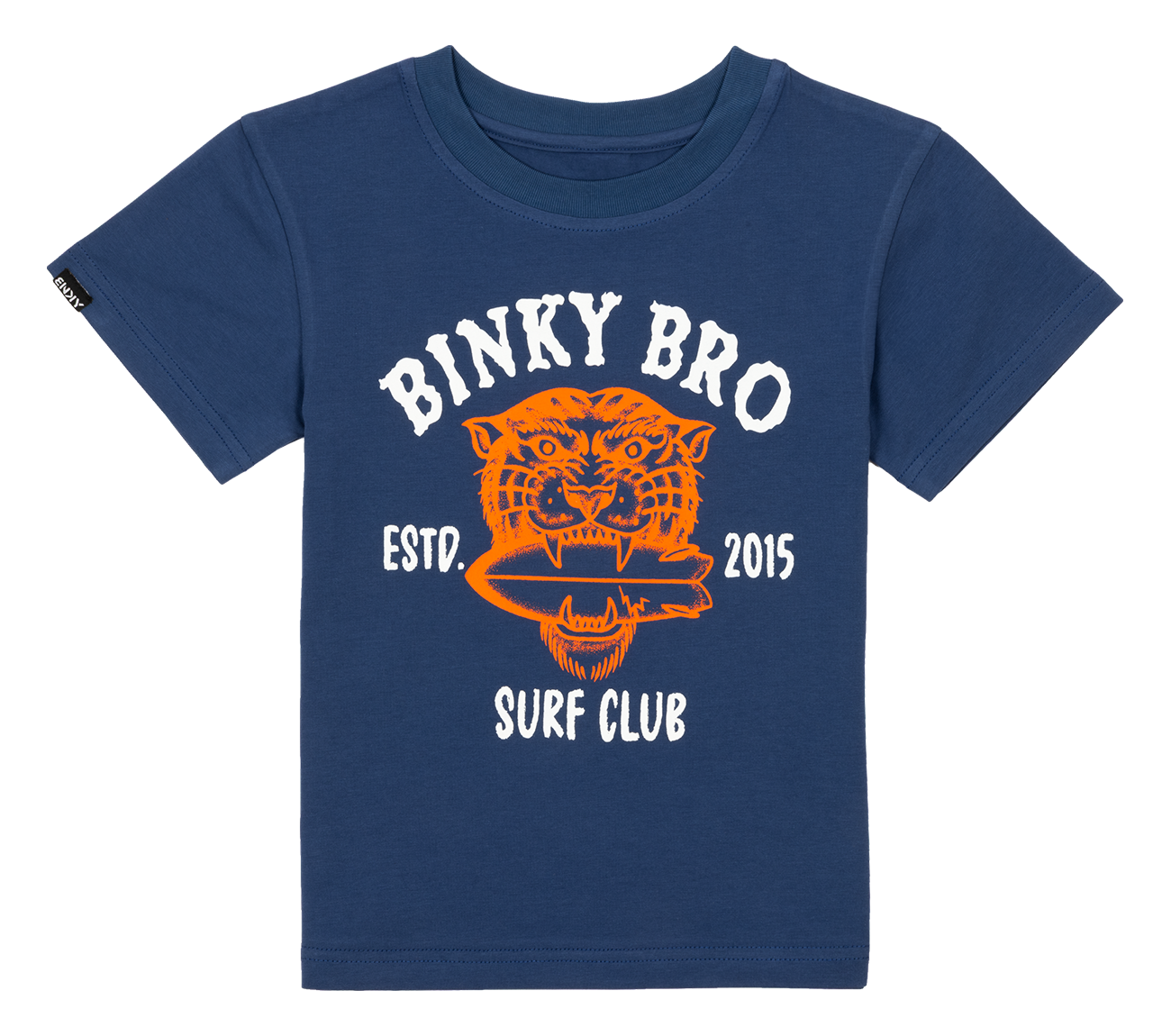 Navy blue t-shirt featuring a bold tiger graphic with "Binky Bro Surf Club" and "ESTD. 2015" text, perfect for kids.