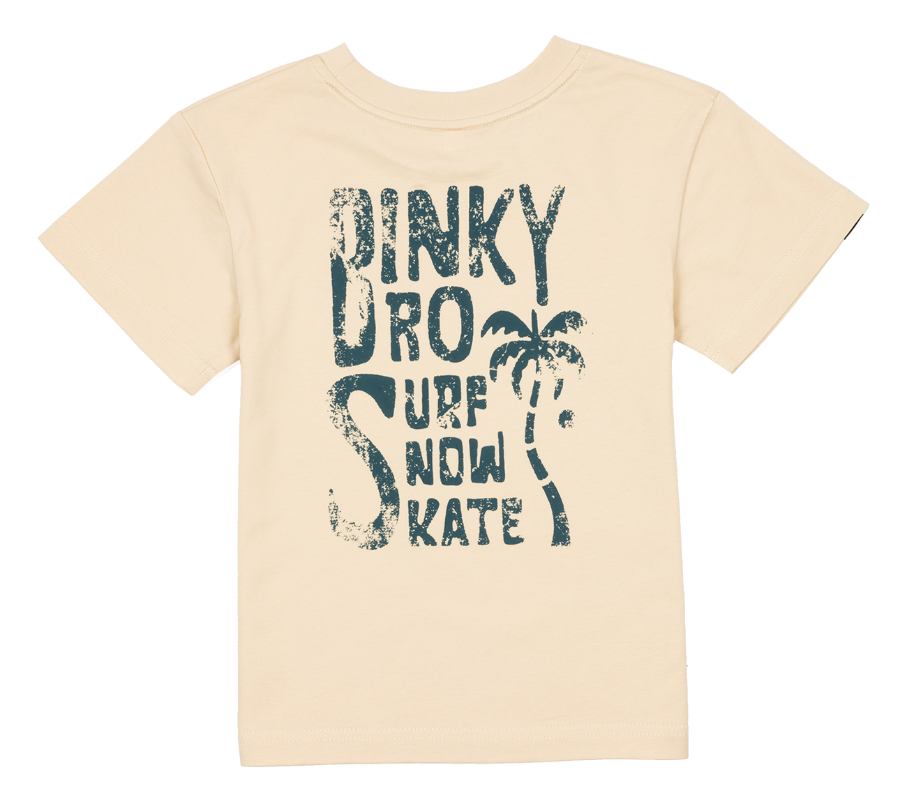 Tan toddler t-shirt featuring a blue palm tree graphic and playful text promoting a surf-snow-skate lifestyle.