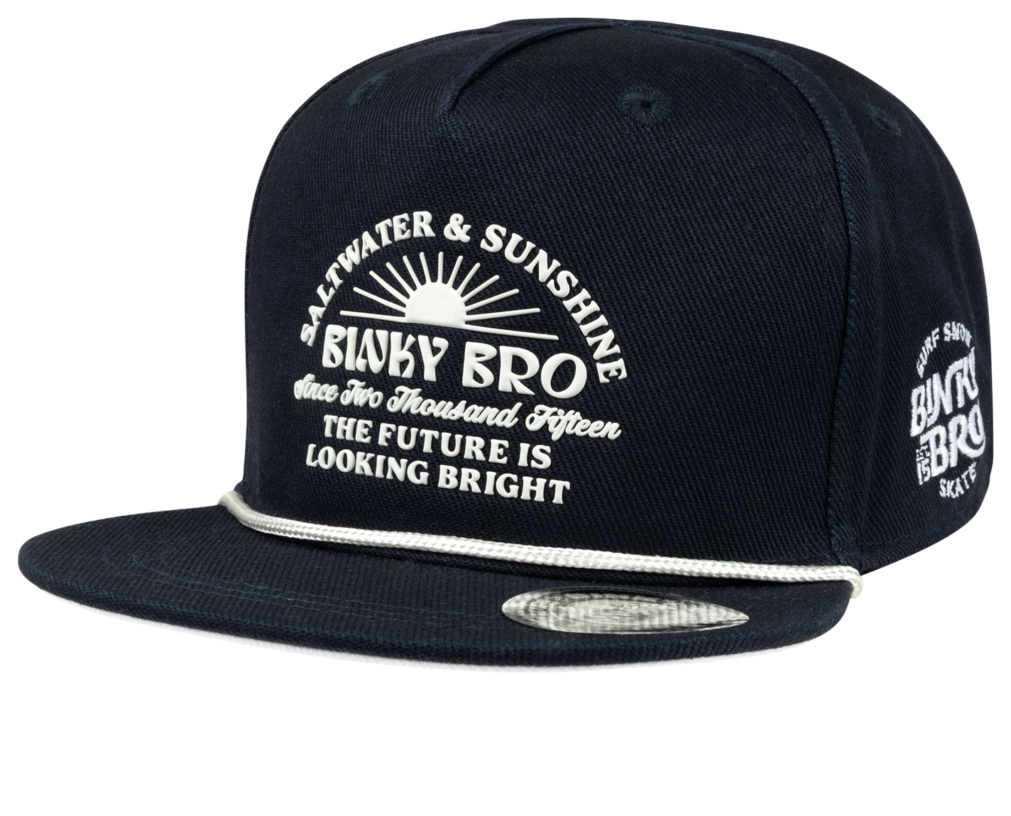 Navy snapback hat featuring "The Future is Looking Bright" graphic, designed for stylish kids with a surf-snow-skate vibe.