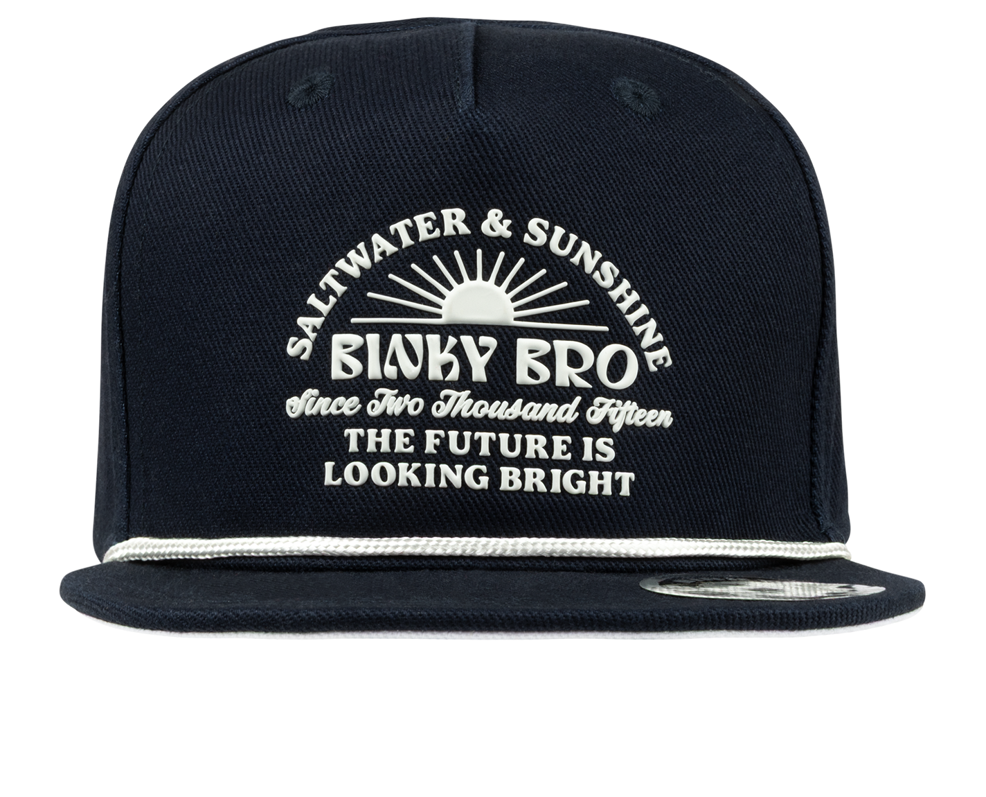 Navy snapback hat featuring "Saltwater & Sunshine" and "The Future Is Looking Bright" in stylish white lettering.
