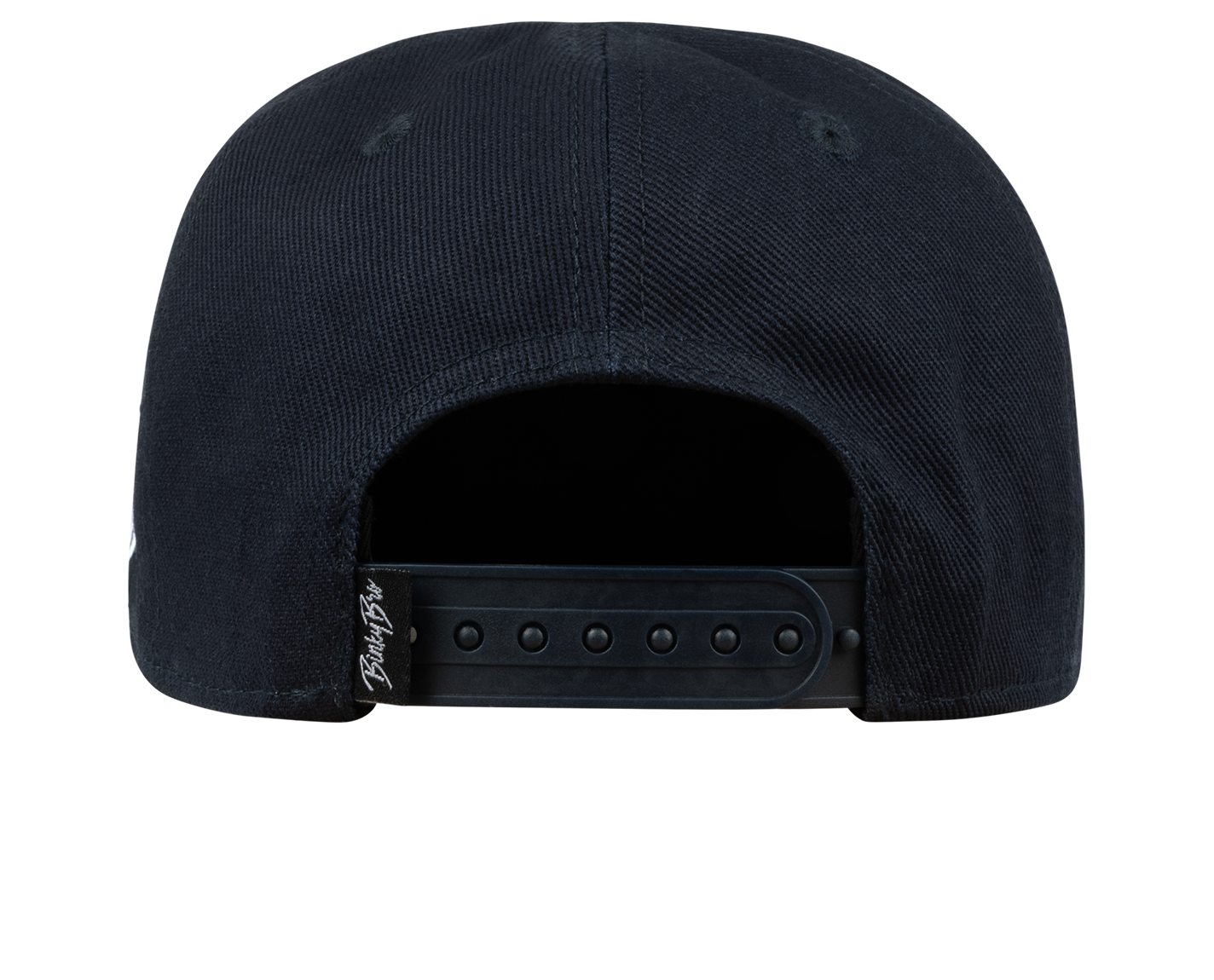 Back view of a black snapback hat featuring an adjustable strap, designed for stylish comfort for kids.