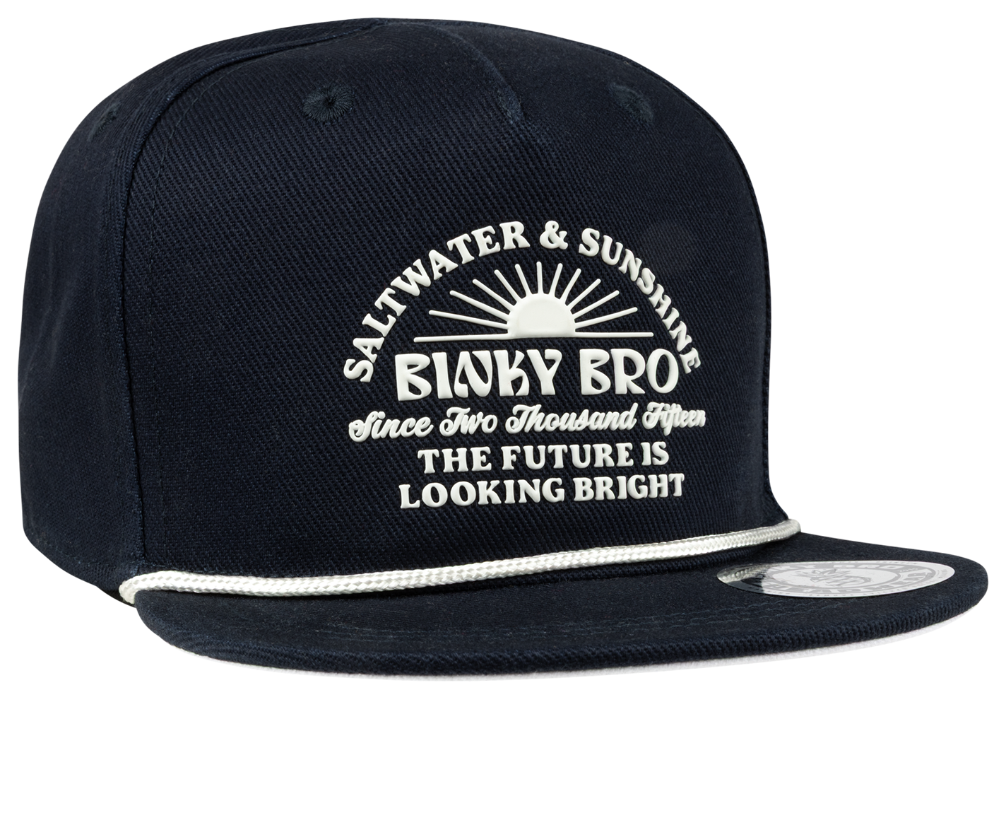 Navy snapback hat featuring "Saltwater & Sunshine" and "The Future Is Looking Bright" text, designed for kids.