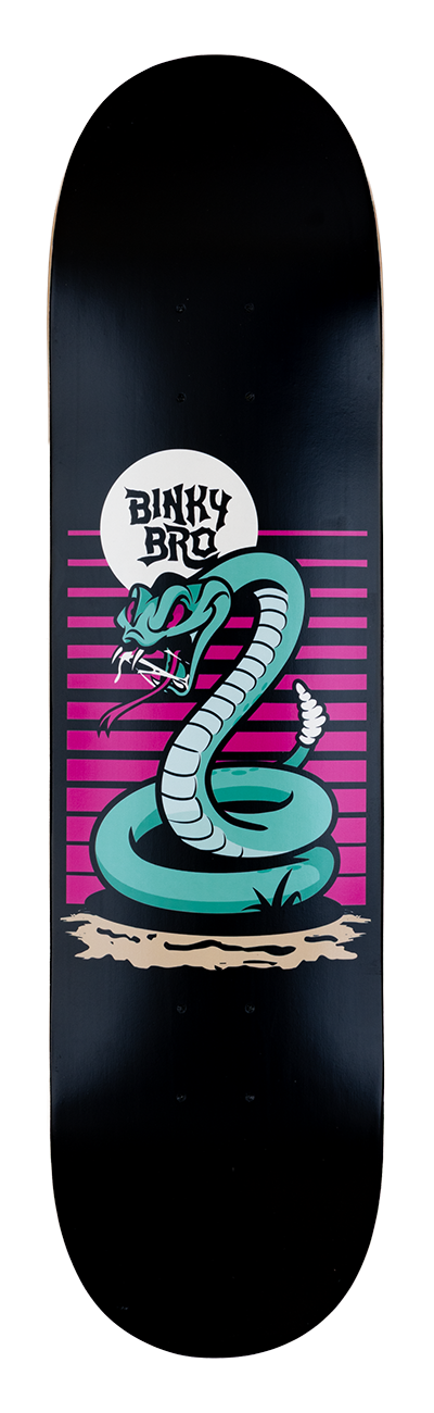 Stylish skateboard deck featuring a vibrant snake design with bold colors, perfect for young skaters.