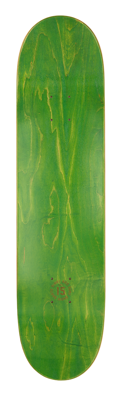 Green skateboard deck with a natural wood grain pattern, featuring a simple logo at the bottom. Ideal for young skaters.